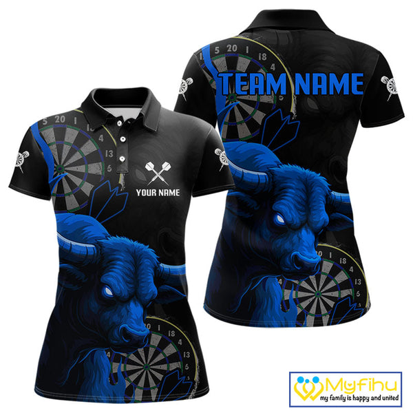 Custom Black And Blue Bull Dart Polo Shirt For Women, Bull Dart Jerseys NYN0610