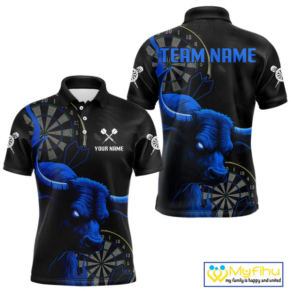 Custom Black And Blue Bull Dart Polo Shirt For Men, Bull Dart Jerseys NYN0610