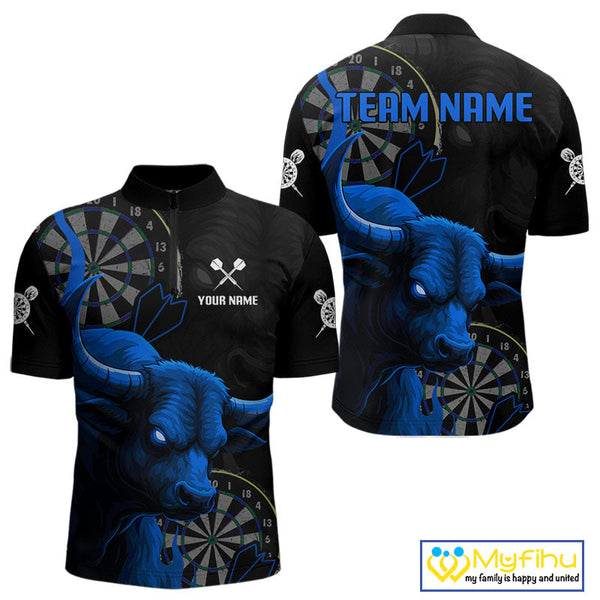 Custom Black And Blue Bull Dart Quarter-Zip Shirt For Men, Bull Dart Jerseys NYN0610