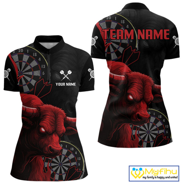 Custom Black And Red Dart Quarter-Zip Shirt For Women, Bull Dart Jerseys NYN0611