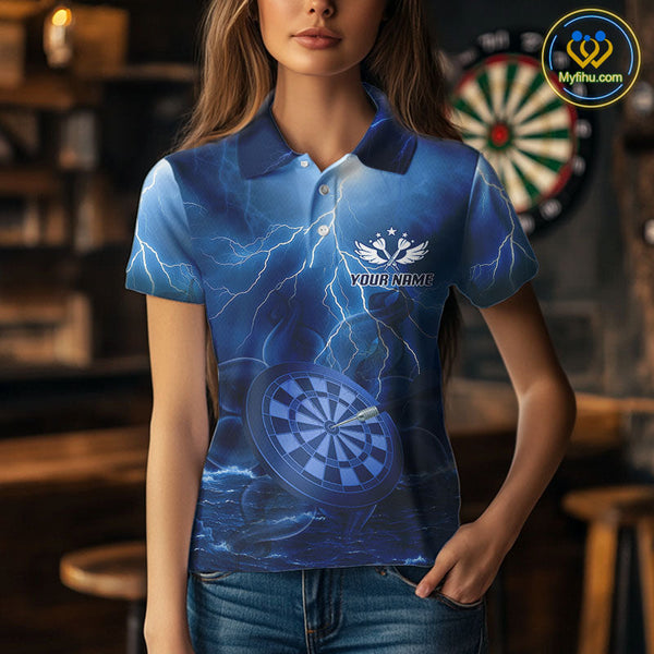 Custom Blue Thunder Lightning Darts Team Polo Shirts For Women, Dart Jersey NYN0614