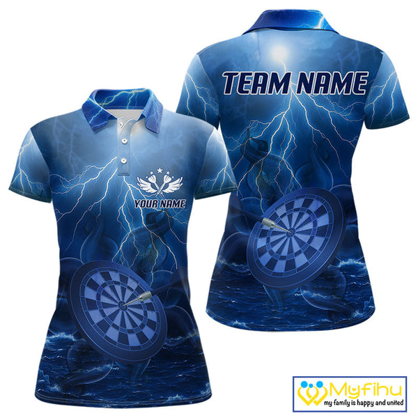 Custom Blue Thunder Lightning Darts Team Polo Shirts For Women, Dart Jersey NYN0614