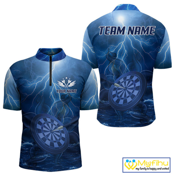 Custom Blue Thunder Lightning Darts Team Quarter-Zip Shirts For Men, Dart Jersey NYN0614