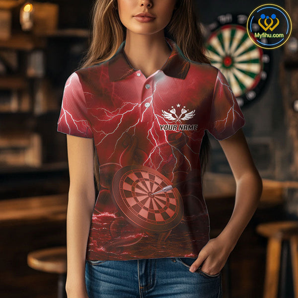 Custom Red Thunder Lightning Darts Team Polo Shirts For Women, Dart Jersey NYN0615