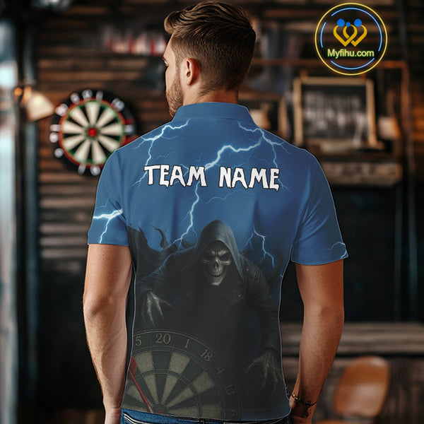 Custom Blue Thunder Lightning Grim Reaper Dart Team Men Polo Shirt, Halloween Dart Outfit NYN0351