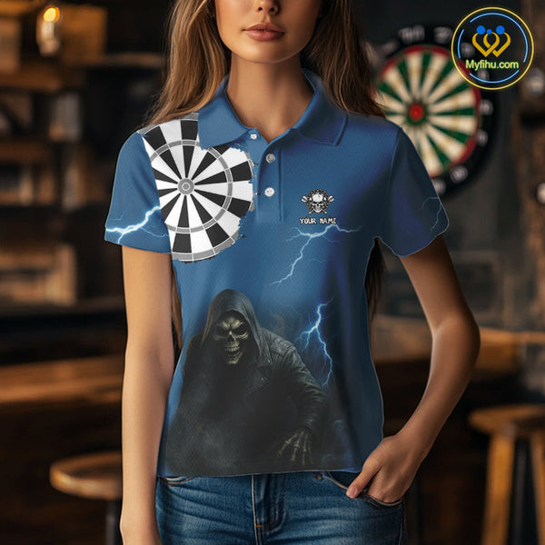 Custom Blue Thunder Lightning Grim Reaper Dart Women Polo Shirt, Halloween Dart Outfit NYN0351