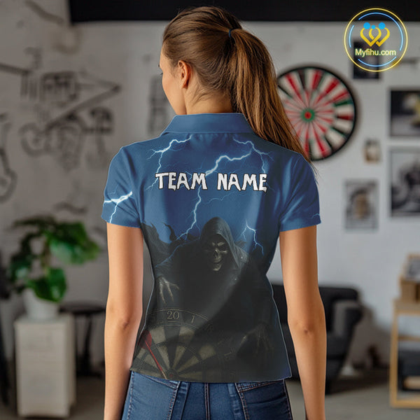Custom Blue Thunder Lightning Grim Reaper Dart Women Polo Shirt, Halloween Dart Outfit NYN0351