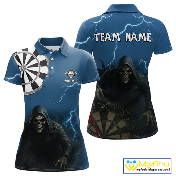 Custom Blue Thunder Lightning Grim Reaper Dart Women Polo Shirt, Halloween Dart Outfit NYN0351
