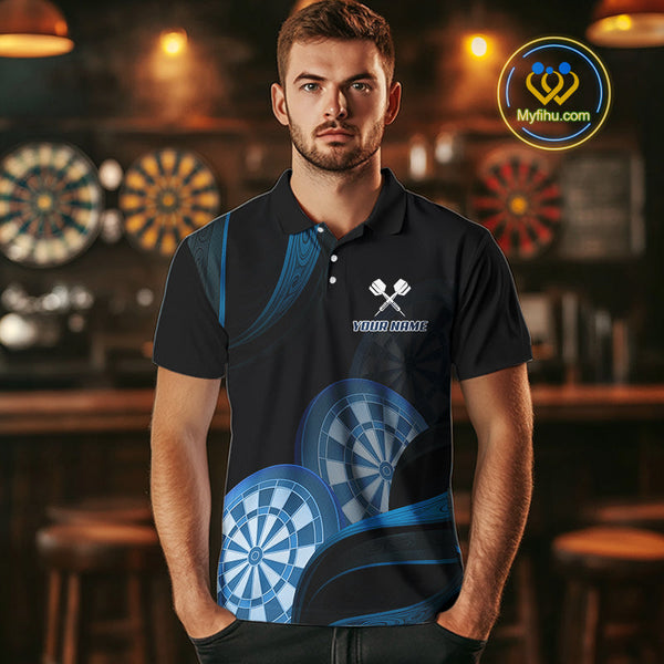 Custom Black And Blue Dart Team Polo Shirt For Men, Dart Tournament Shirt NYN0622