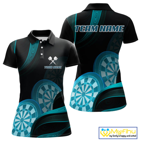 Custom Black And Turquoise Blue Dart Team Polo Shirt For Women, Dart Tournament Shirt NYN0623