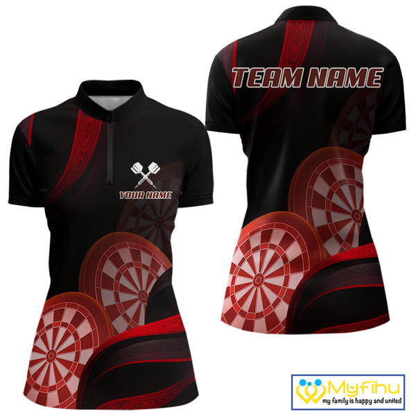 Custom Black And Red Dart Team Quarter-Zip Shirt For Women, Dart Tournament Shirt NYN0624