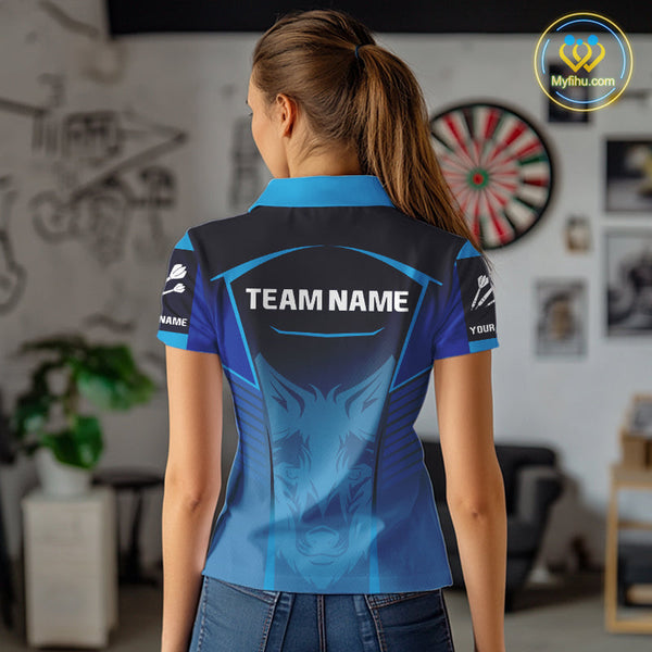 Custom Black And Blue Fox Dart Polo Shirts For Women, Dart Team Tournament Shirt NYN0366