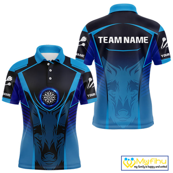 Custom Black And Blue Fox Dart Polo Shirts For Men, Dart Team Tournament Shirt NYN0366