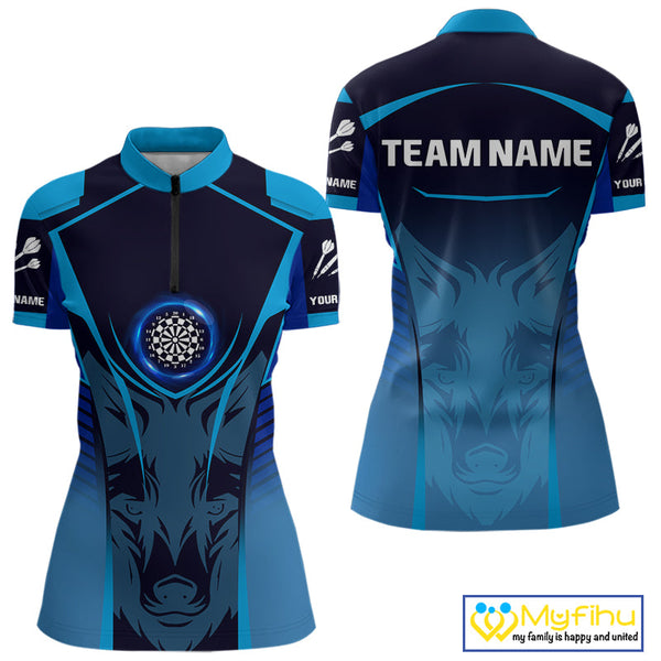 Custom Black And Blue Fox Dart Quarter-Zip Shirts For Women, Dart Team Tournament Shirt NYN0366