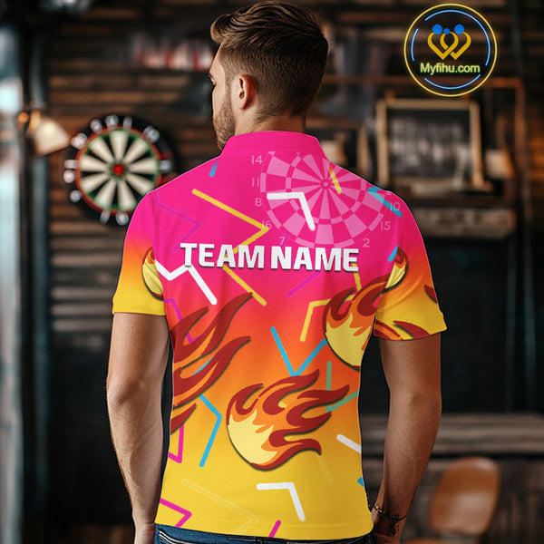 Custom Yellow And Pink Flame Dartboard Dart Team Men Polo Shirt, Dart League Shirt NYN0373