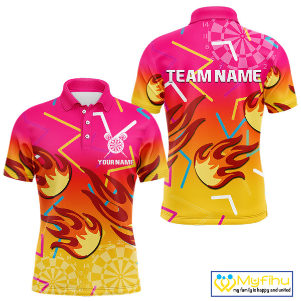 Custom Yellow And Pink Flame Dartboard Dart Team Men Polo Shirt, Dart League Shirt NYN0373