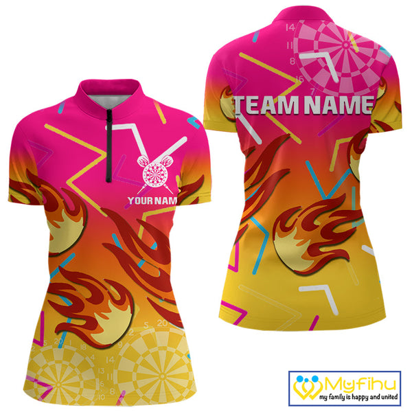 Custom Yellow And Pink Flame Dartboard Dart Women Quarter-Zip Shirt, Dart League Shirt NYN0373