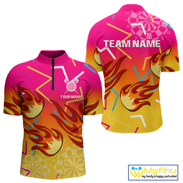 Custom Yellow And Pink Flame Dartboard Dart Team Men Quarter-Zip Shirt, Dart League Shirt NYN0373
