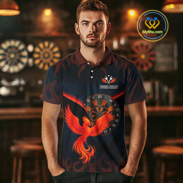 Custom Black Red Flame Phoenix Dartboard Dart Polo Shirt For Men, Dart Jerseys NYN0636