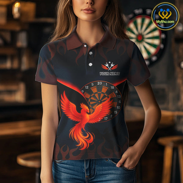Custom Black Red Flame Phoenix Dartboard Dart Polo Shirt For Women, Dart Jerseys NYN0636