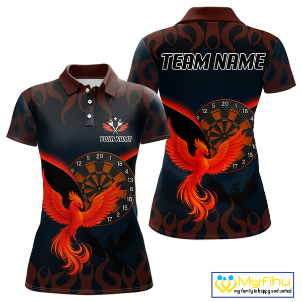 Custom Black Red Flame Phoenix Dartboard Dart Polo Shirt For Women, Dart Jerseys NYN0636