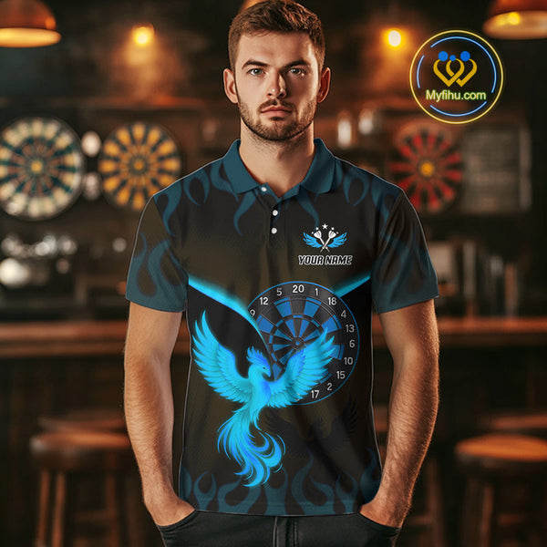 Custom Black Blue Flame Phoenix Dartboard Dart Polo Shirt For Men, Dart Jerseys NYN0637