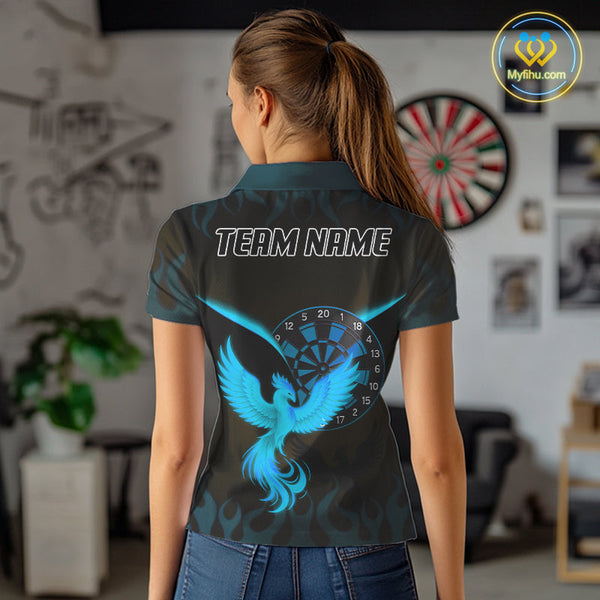 Custom Black Blue Flame Phoenix Dartboard Dart Polo Shirt For Women, Dart Jerseys NYN0637