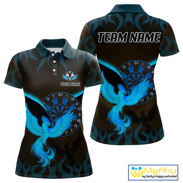 Custom Black Blue Flame Phoenix Dartboard Dart Polo Shirt For Women, Dart Jerseys NYN0637