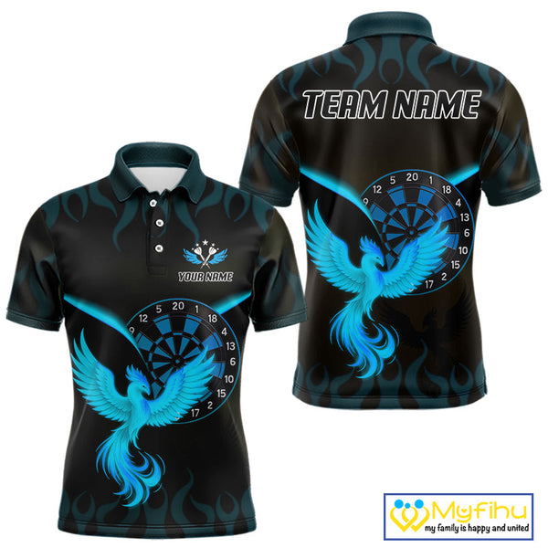 Custom Black Blue Flame Phoenix Dartboard Dart Polo Shirt For Men, Dart Jerseys NYN0637
