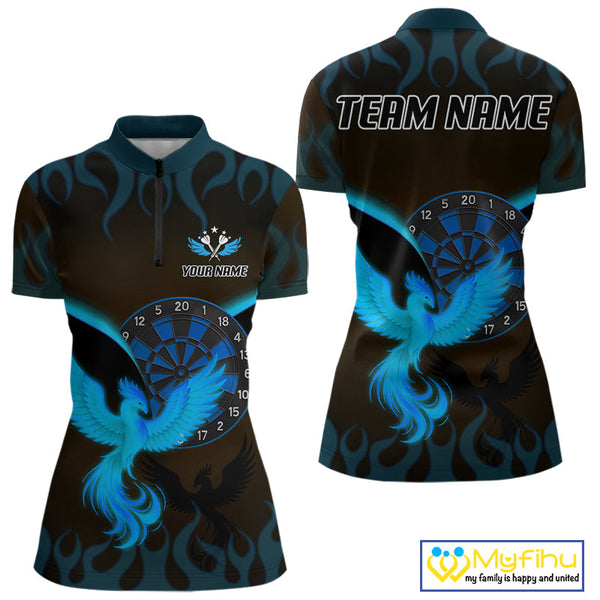 Custom Black Blue Flame Phoenix Dartboard Dart Quarter-Zip Shirt For Women, Dart Jerseys NYN0637