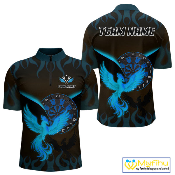 Custom Black Blue Flame Phoenix Dartboard Dart Quarter-Zip Shirt For Men, Dart Jerseys NYN0637