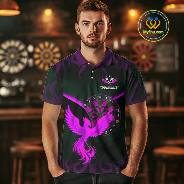 Custom Black Purple Flame Phoenix Dartboard Dart Polo Shirt For Men, Dart Jerseys NYN0638
