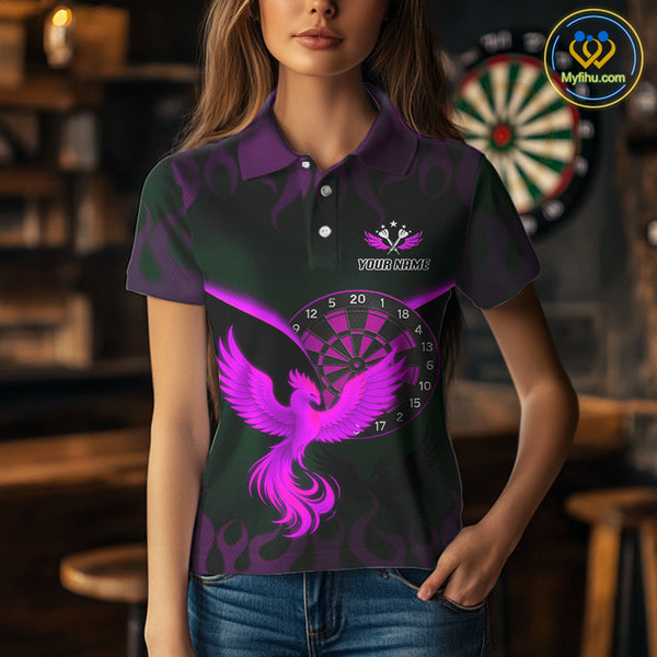 Custom Black Purple Flame Phoenix Dartboard Dart Polo Shirt For Women, Dart Jerseys NYN0638
