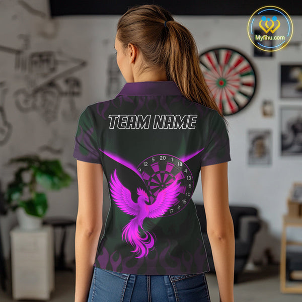 Custom Black Purple Flame Phoenix Dartboard Dart Polo Shirt For Women, Dart Jerseys NYN0638