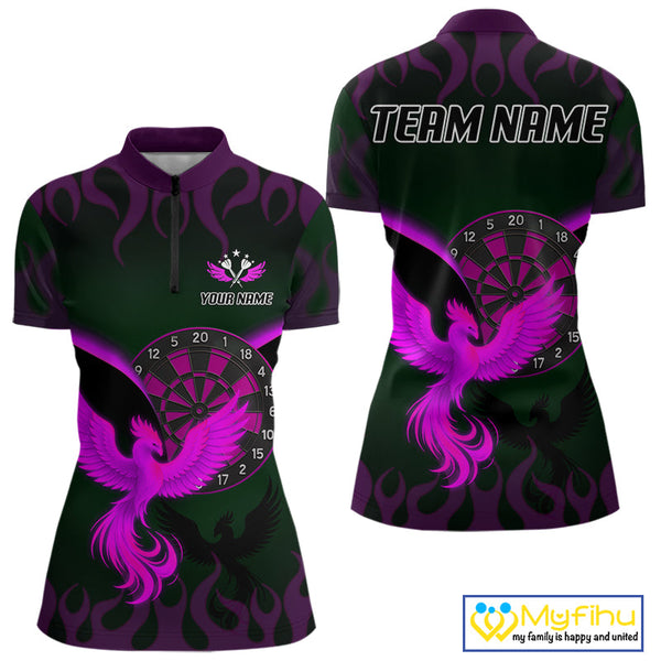 Custom Black Purple Flame Phoenix Dartboard Dart Women Quarter-Zip Shirt, Dart Jerseys NYN0638
