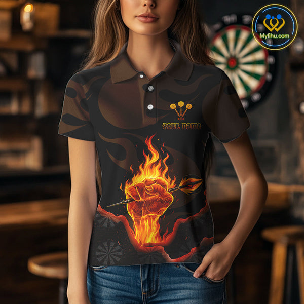 Custom Black Fire Fist Flaming Dart Thrower Dart Polo Shirt For Women, Dart Jerseys NYN0639