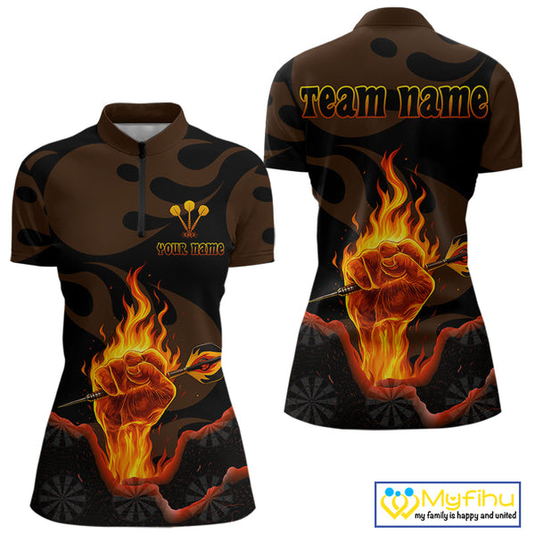 Custom Black Fire Fist Flaming Dart Thrower Dart Quarter-Zip Shirt For Women, Dart Jerseys NYN0639