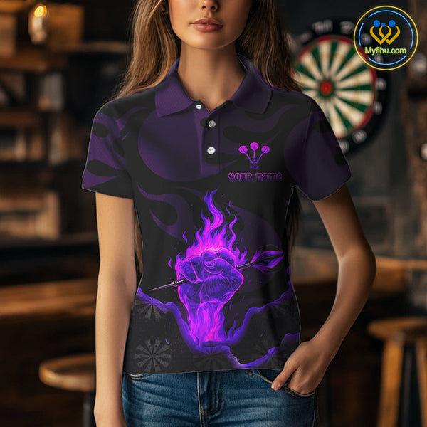 Custom Purple Flame Fist Dart Polo Shirt For Women, Power Dart Thrower Team Jersey NYN0640