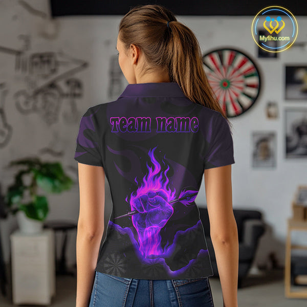 Custom Purple Flame Fist Dart Polo Shirt For Women, Power Dart Thrower Team Jersey NYN0640