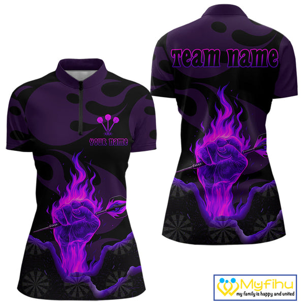 Custom Purple Flame Fist Dart Quarter-Zip Shirt For Women, Power Dart Thrower Team Jersey NYN0640