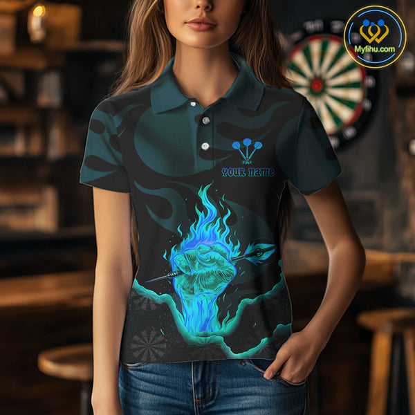 Custom Blue Flame Fist Dart Polo Shirt For Women, Cool Dart Thrower Team Jersey NYN0641