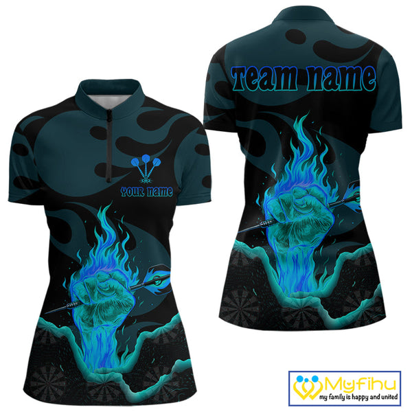 Custom Blue Flame Fist Dart Quarter-Zip Shirt For Women, Cool Dart Thrower Team Jersey NYN0641