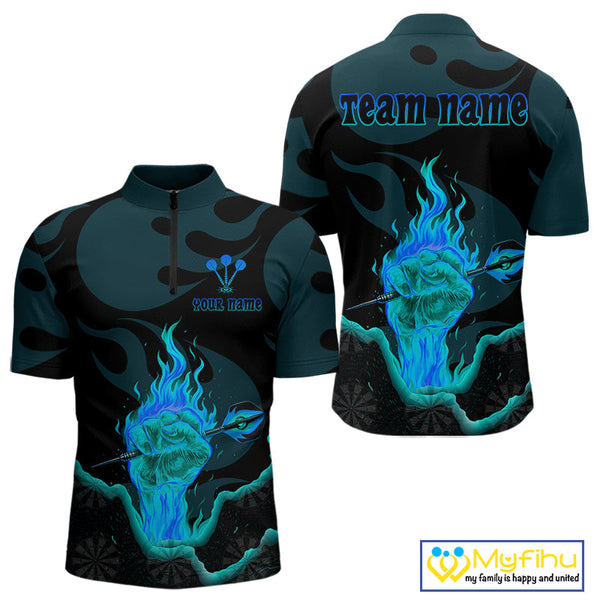 Custom Blue Flame Fist Dart Quarter-Zip Shirt For Men, Cool Dart Thrower Team Jersey NYN0641