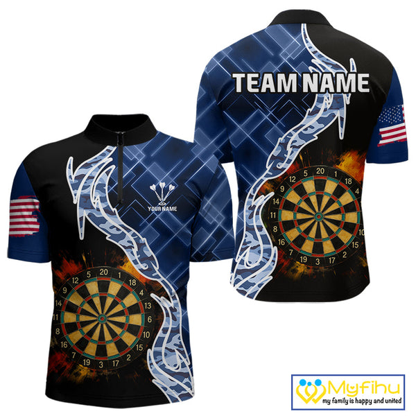 Custom Black And Blue Camo Flame Dartboard Dart Men Quarter-Zip Shirts, Patriotic Dart Team Shirt NYN0376