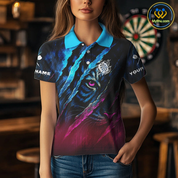 Custom Blue And Pink Tiger Dart Team Women Polo Shirts, Tiger Dart Jerseys NYN0377