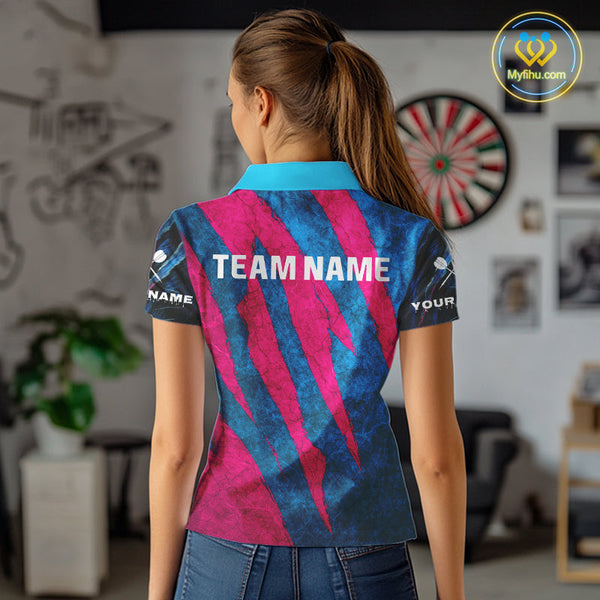 Custom Blue And Pink Tiger Dart Team Women Polo Shirts, Tiger Dart Jerseys NYN0377