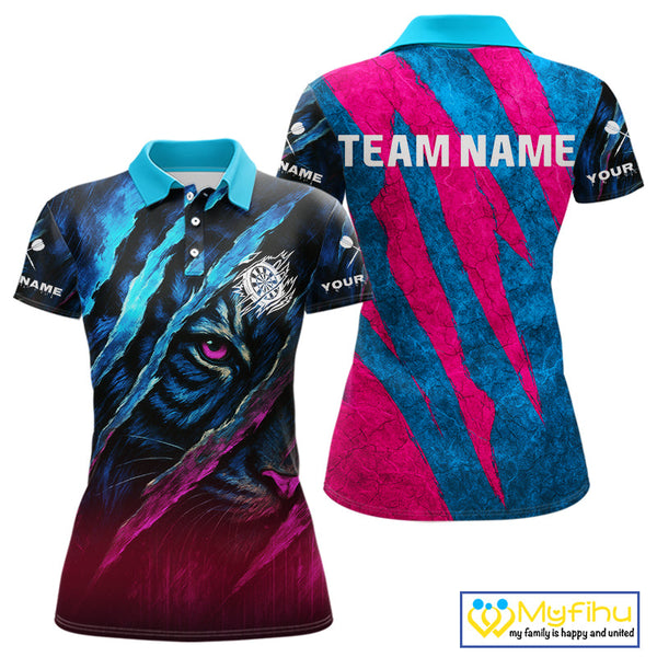 Custom Blue And Pink Tiger Dart Team Women Polo Shirts, Tiger Dart Jerseys NYN0377