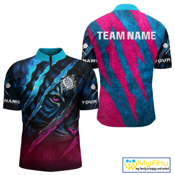 Custom Blue And Pink Tiger Dart Team Men Quarter-Zip Shirts, Tiger Dart Jerseys NYN0377