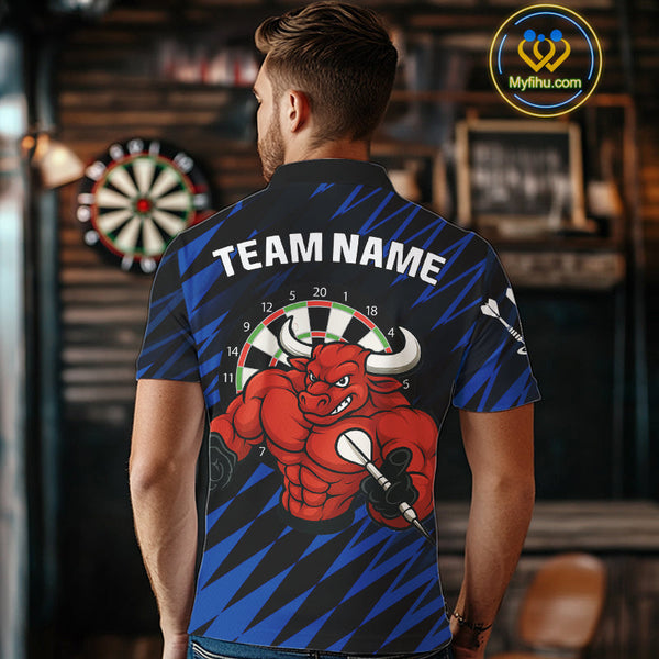 Custo Black And Blue Funny Bull Play Dart Polo Shirts For Men, Dart Team Jerseys NYN0381