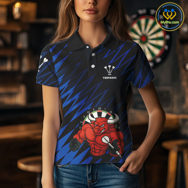 Custo Black And Blue Funny Bull Play Dart Polo Shirts For Women, Dart Team Jerseys NYN0381